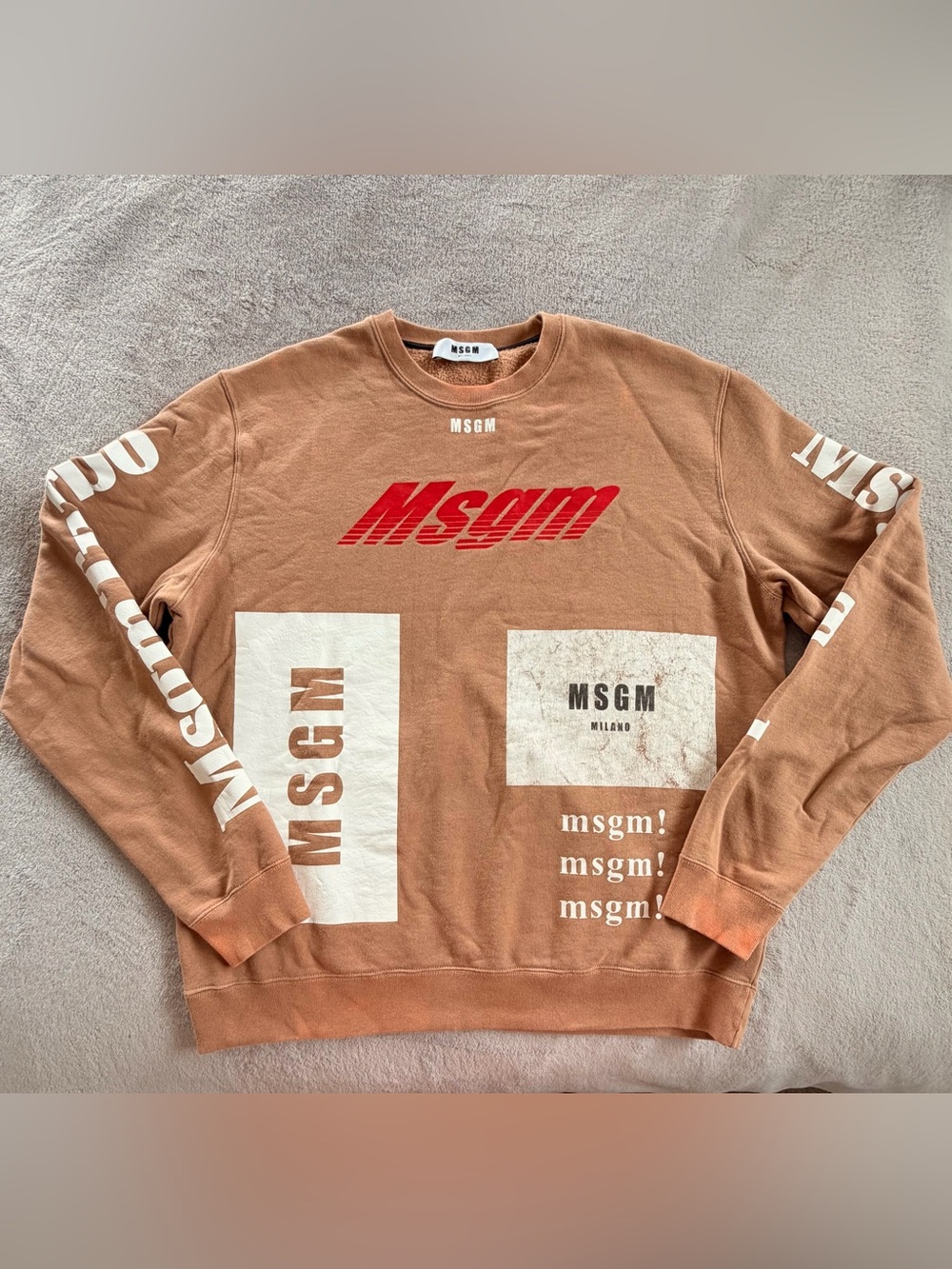 MSGM Men's Brown Tan Logo Graphic Turbo Crewneck Sweater Size M
